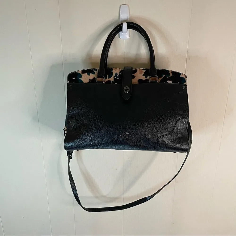 Coach Mercer Calfhair Satchel 38357 Black Scattered Leaf